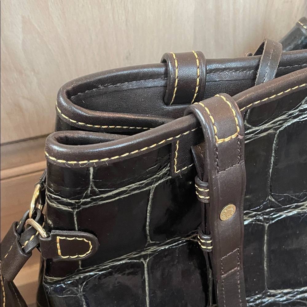 Vintage Dooney & Bourke Croco Embossed Leather Tote - Dark Brown / Black - Picture 5 of 10